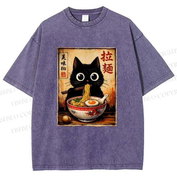 Unisex Kawaii Ramen Cat Printed Washed Tee