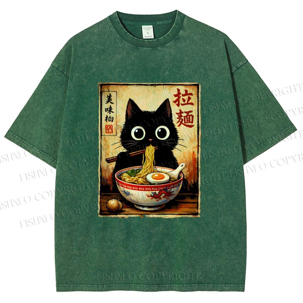 Unisex Kawaii Ramen Cat Printed Washed Tee
