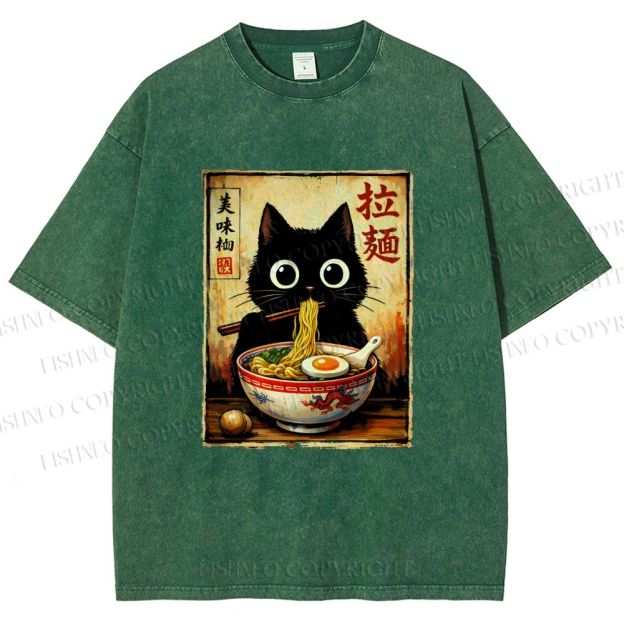 Unisex Kawaii Ramen Cat Printed Washed Tee