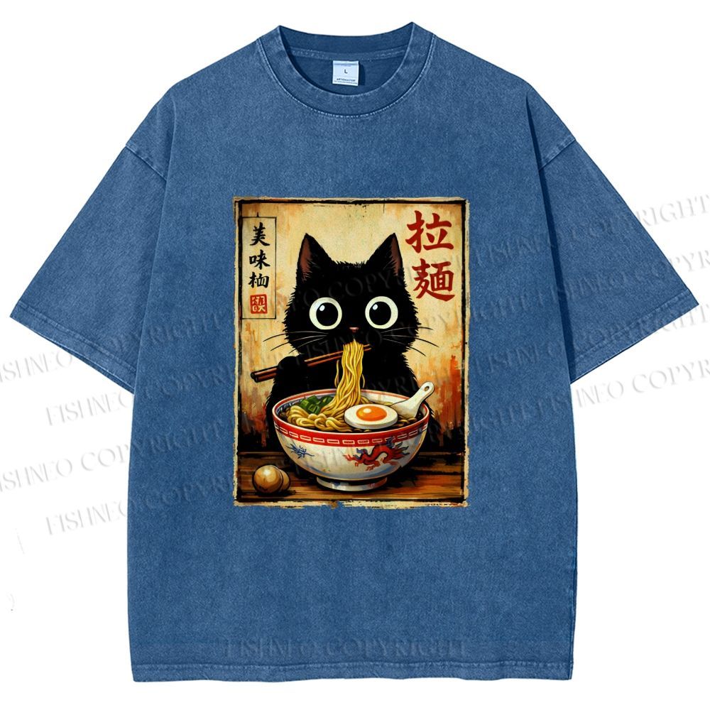 Unisex Kawaii Ramen Cat Printed Washed Tee