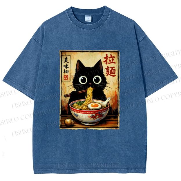 Unisex Kawaii Ramen Cat Printed Washed Tee