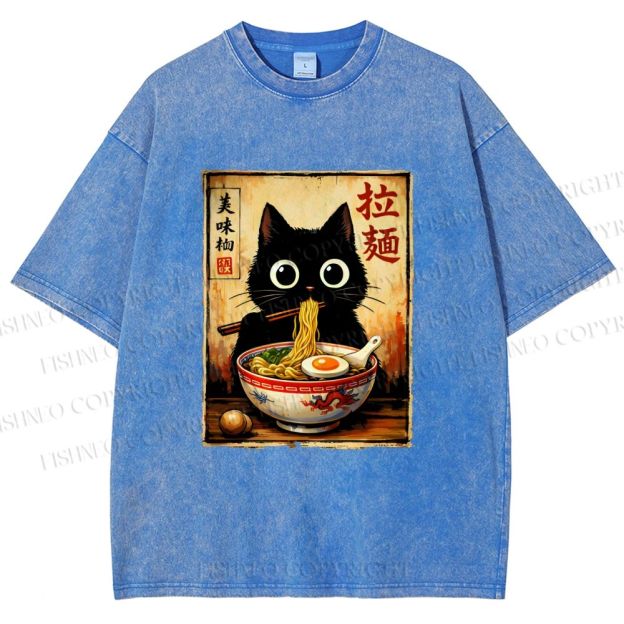 Unisex Kawaii Ramen Cat Printed Washed Tee