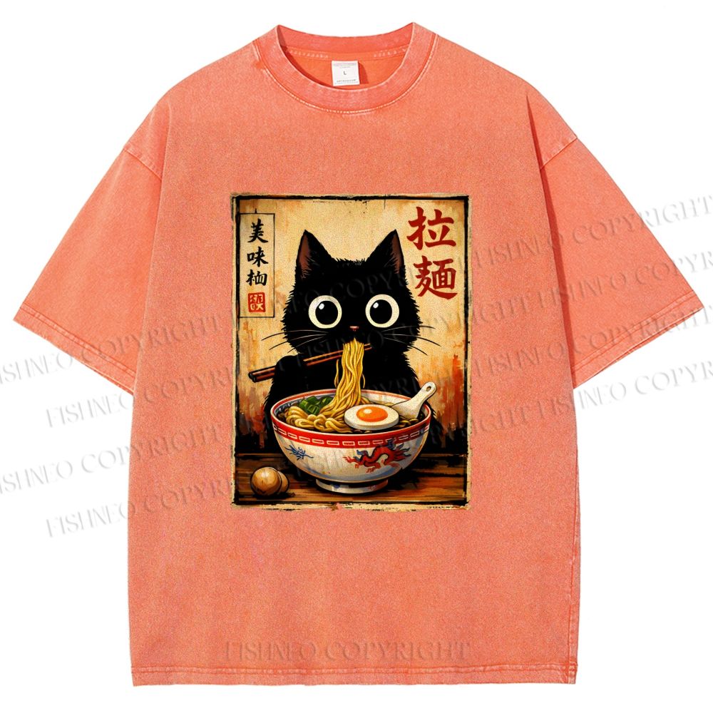 Unisex Kawaii Ramen Cat Printed Washed Tee