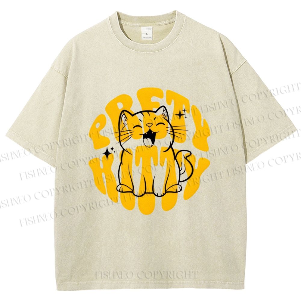 Unisex Pretty Kitty Cat Printed Washed Tee