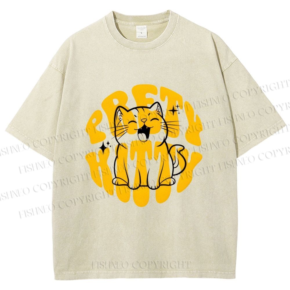 Unisex Pretty Kitty Cat Printed Washed Tee