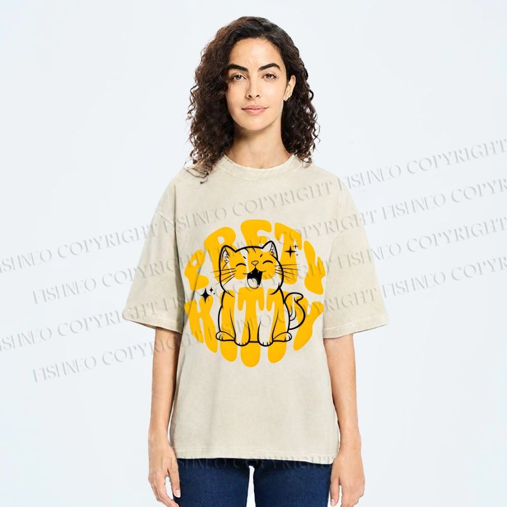 Unisex Pretty Kitty Cat Printed Washed Tee