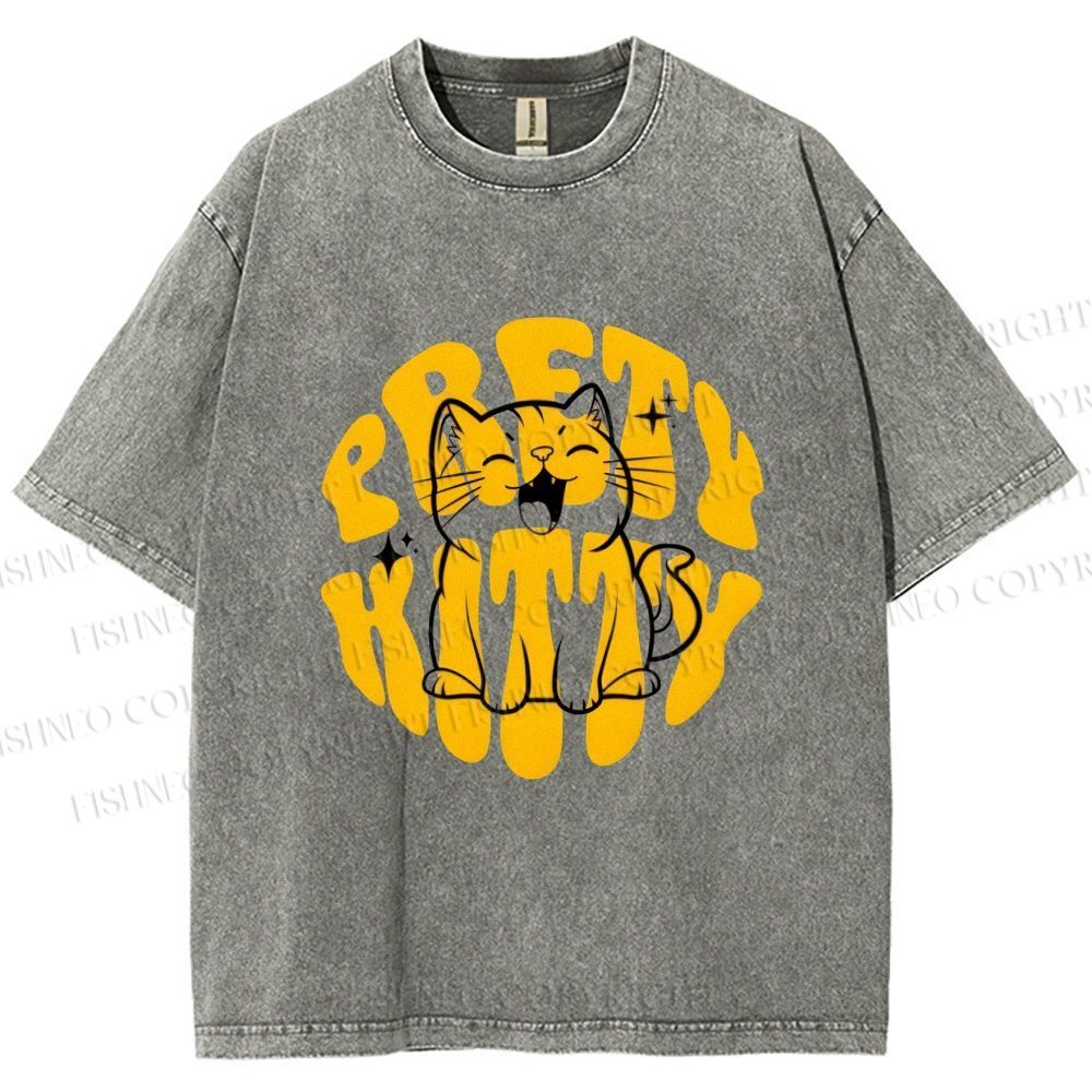 Unisex Pretty Kitty Cat Printed Washed Tee