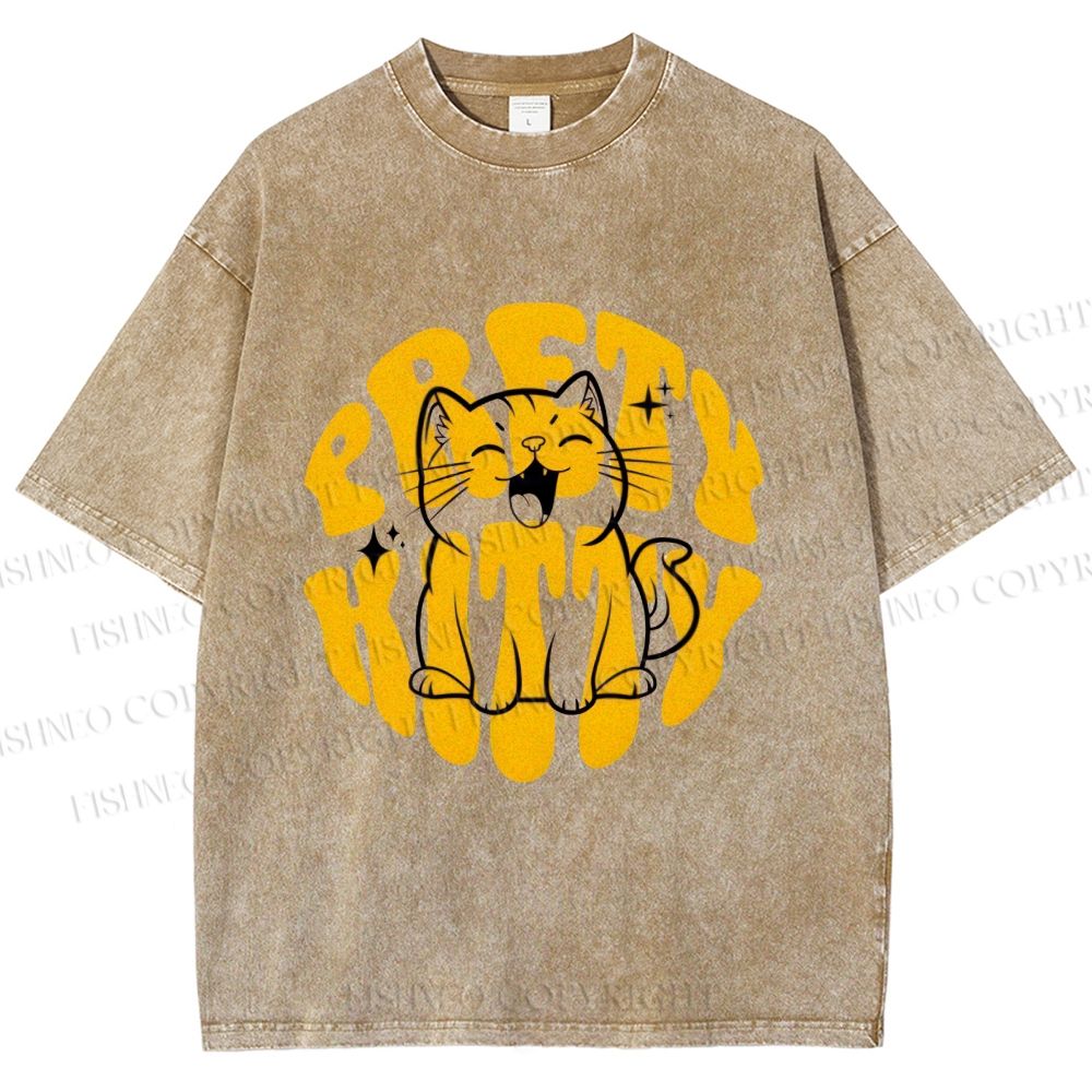 Unisex Pretty Kitty Cat Printed Washed Tee