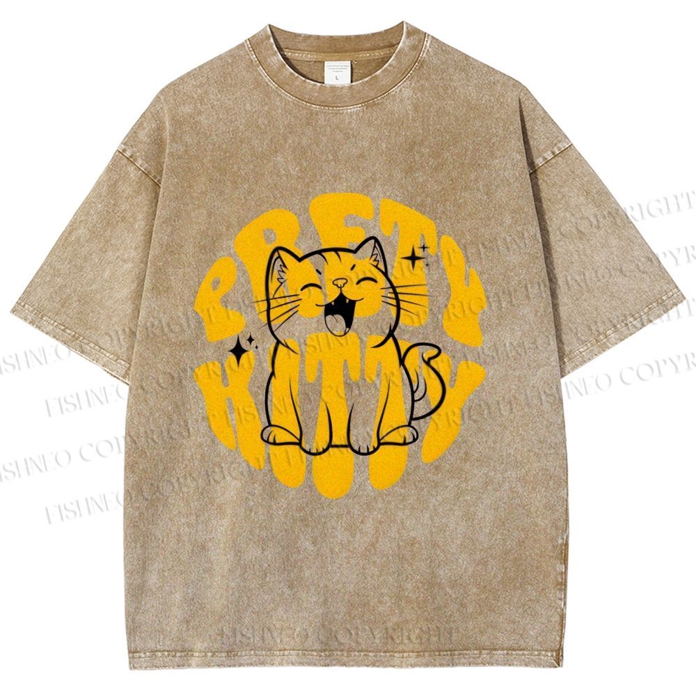 Unisex Pretty Kitty Cat Printed Washed Tee