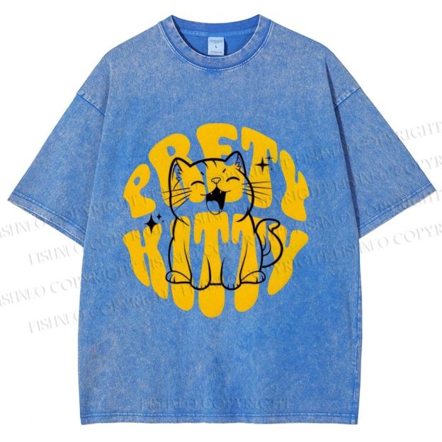 Unisex Pretty Kitty Cat Printed Washed Tee