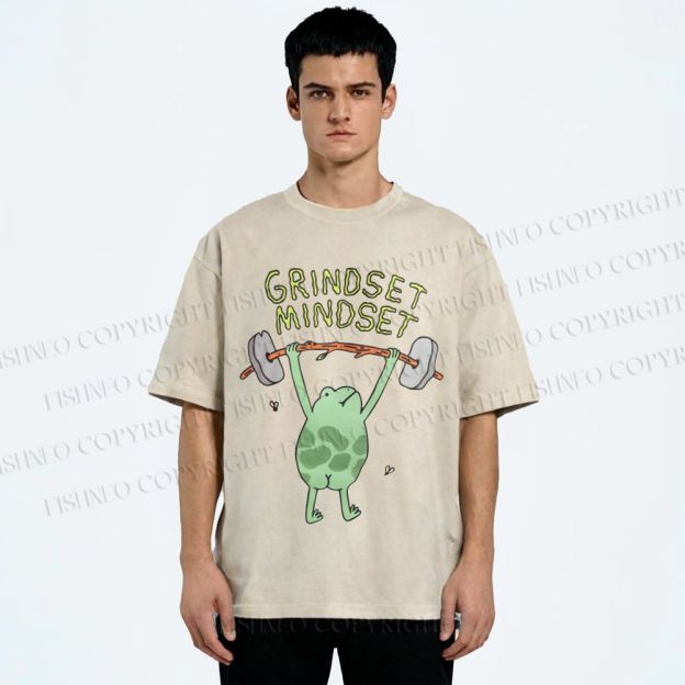 Unisex Grindset Mindset Frog Printed Washed Tee
