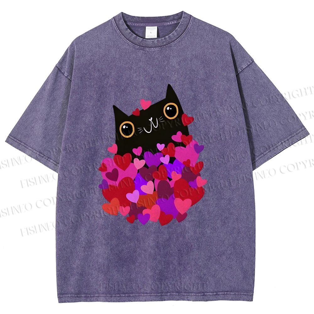 Unisex Black Cat With Hearts Printed Washed Tee