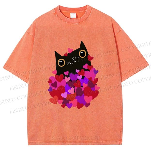 Unisex Black Cat With Hearts Printed Washed Tee