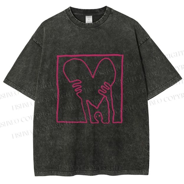 Unisex Heart Printed Washed Tee