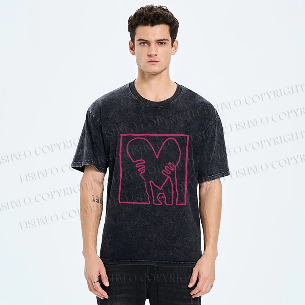 Unisex Heart Printed Washed Tee
