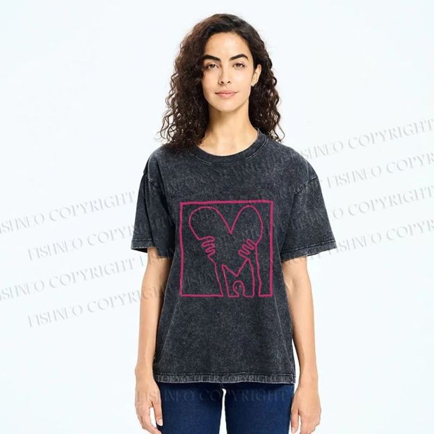 Unisex Heart Printed Washed Tee
