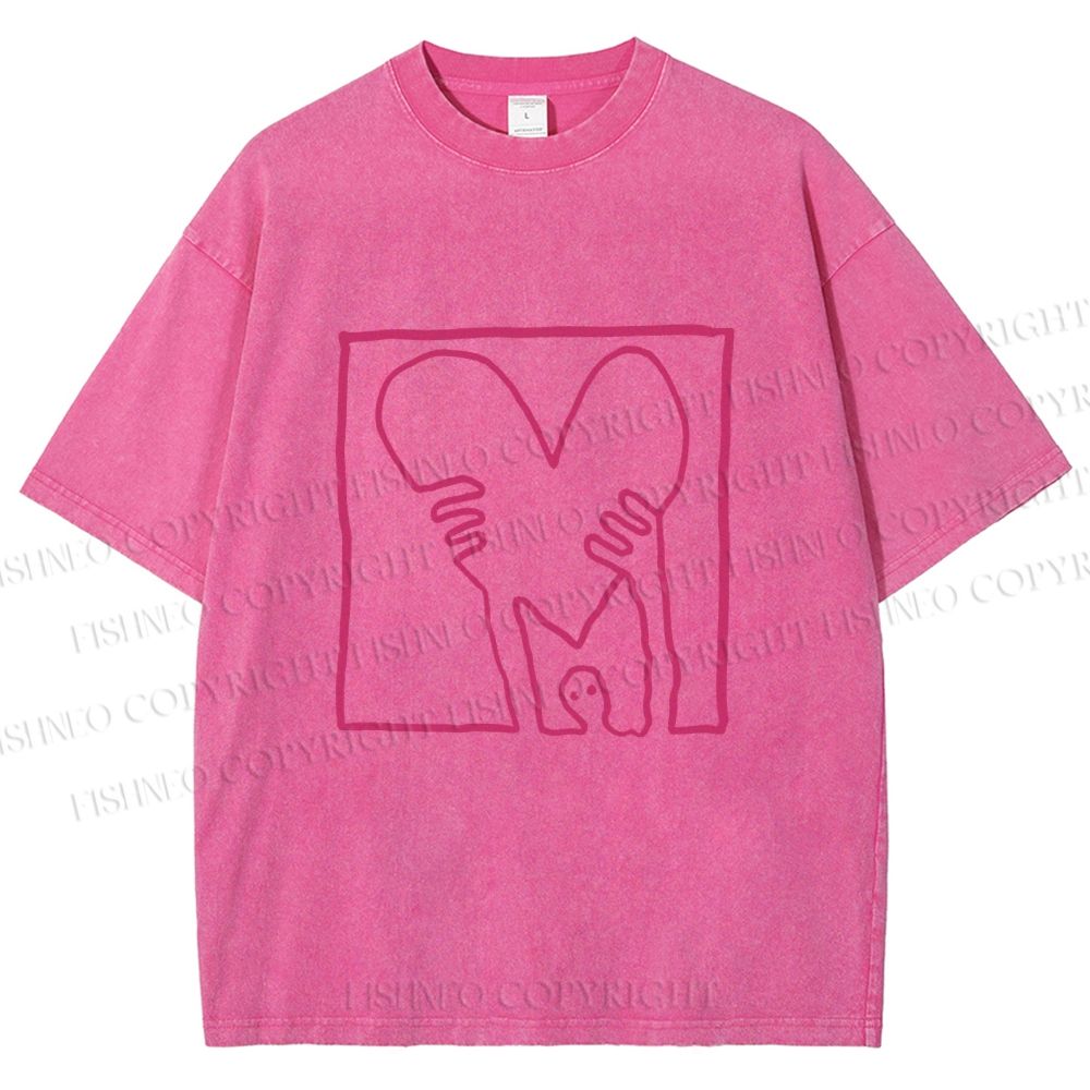 Unisex Heart Printed Washed Tee