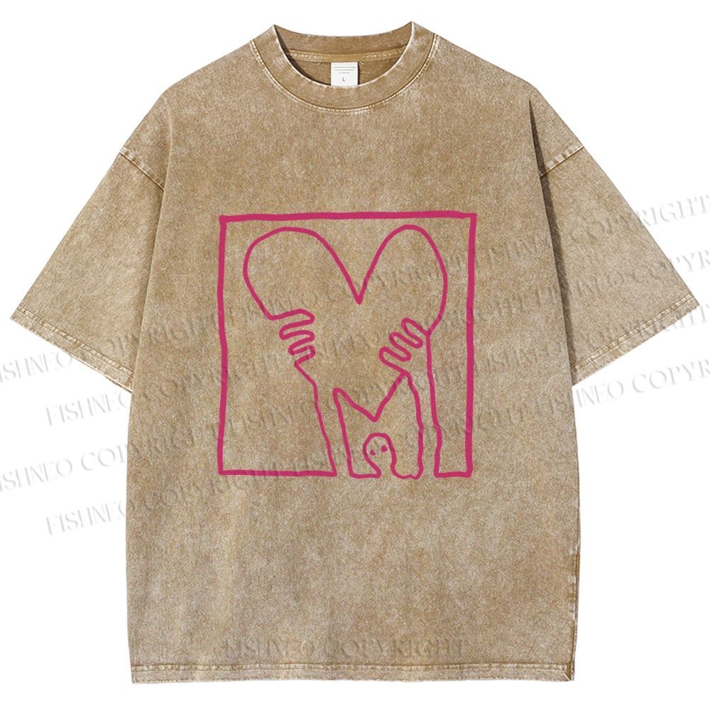 Unisex Heart Printed Washed Tee