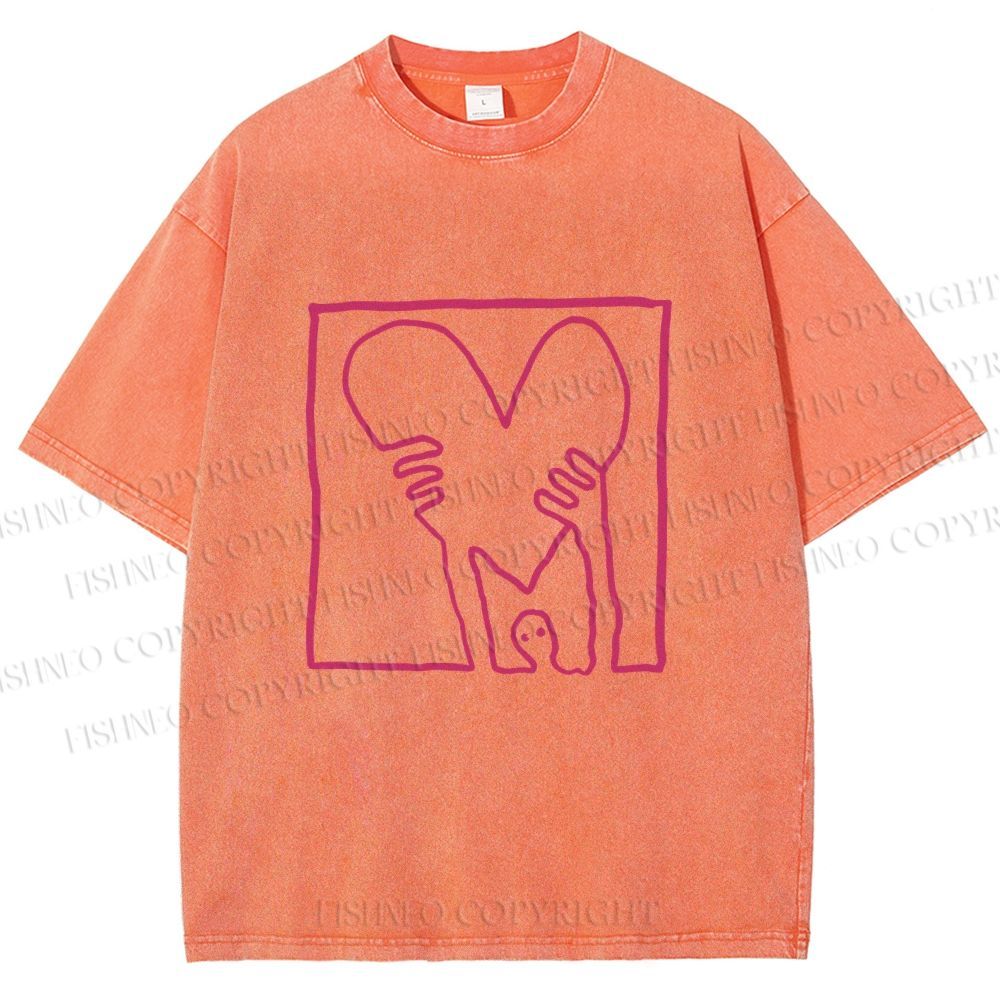 Unisex Heart Printed Washed Tee