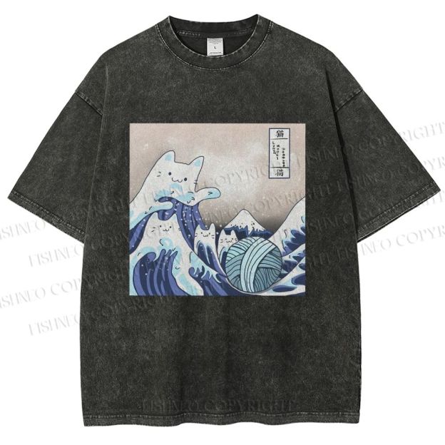 Unisex Japanese Ukiyo-e Wave Cats Printed Washed Tee