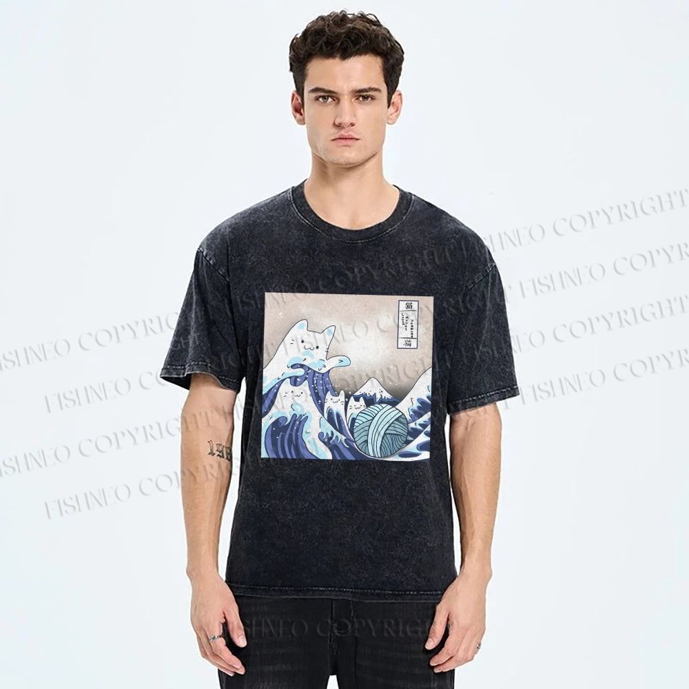 Unisex Japanese Ukiyo-e Wave Cats Printed Washed Tee