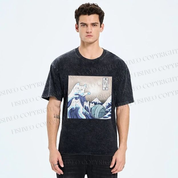 Unisex Japanese Ukiyo-e Wave Cats Printed Washed Tee