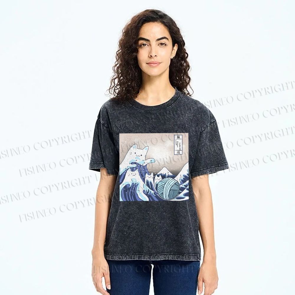 Unisex Japanese Ukiyo-e Wave Cats Printed Washed Tee