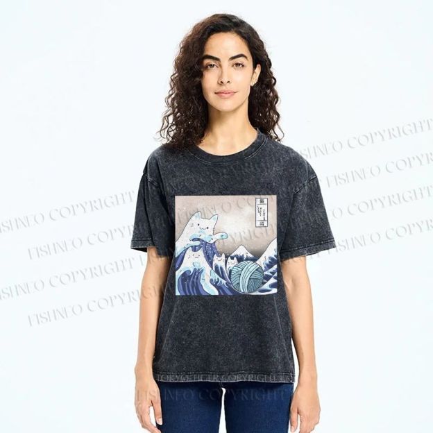 Unisex Japanese Ukiyo-e Wave Cats Printed Washed Tee