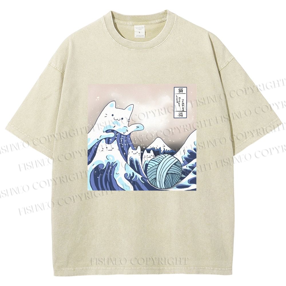 Unisex Japanese Ukiyo-e Wave Cats Printed Washed Tee