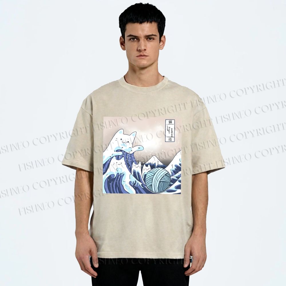 Unisex Japanese Ukiyo-e Wave Cats Printed Washed Tee