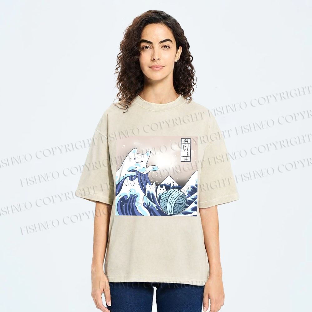 Unisex Japanese Ukiyo-e Wave Cats Printed Washed Tee