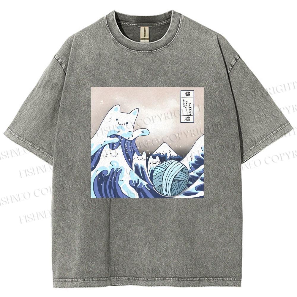 Unisex Japanese Ukiyo-e Wave Cats Printed Washed Tee