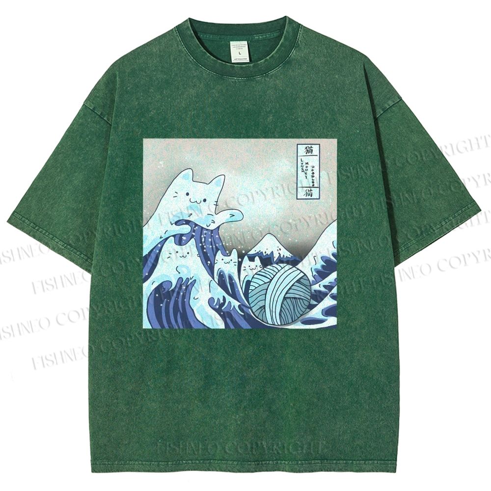 Unisex Japanese Ukiyo-e Wave Cats Printed Washed Tee