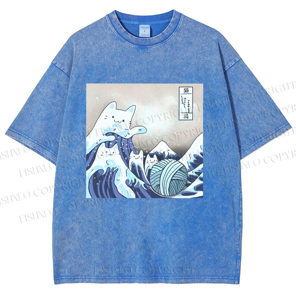 Unisex Japanese Ukiyo-e Wave Cats Printed Washed Tee