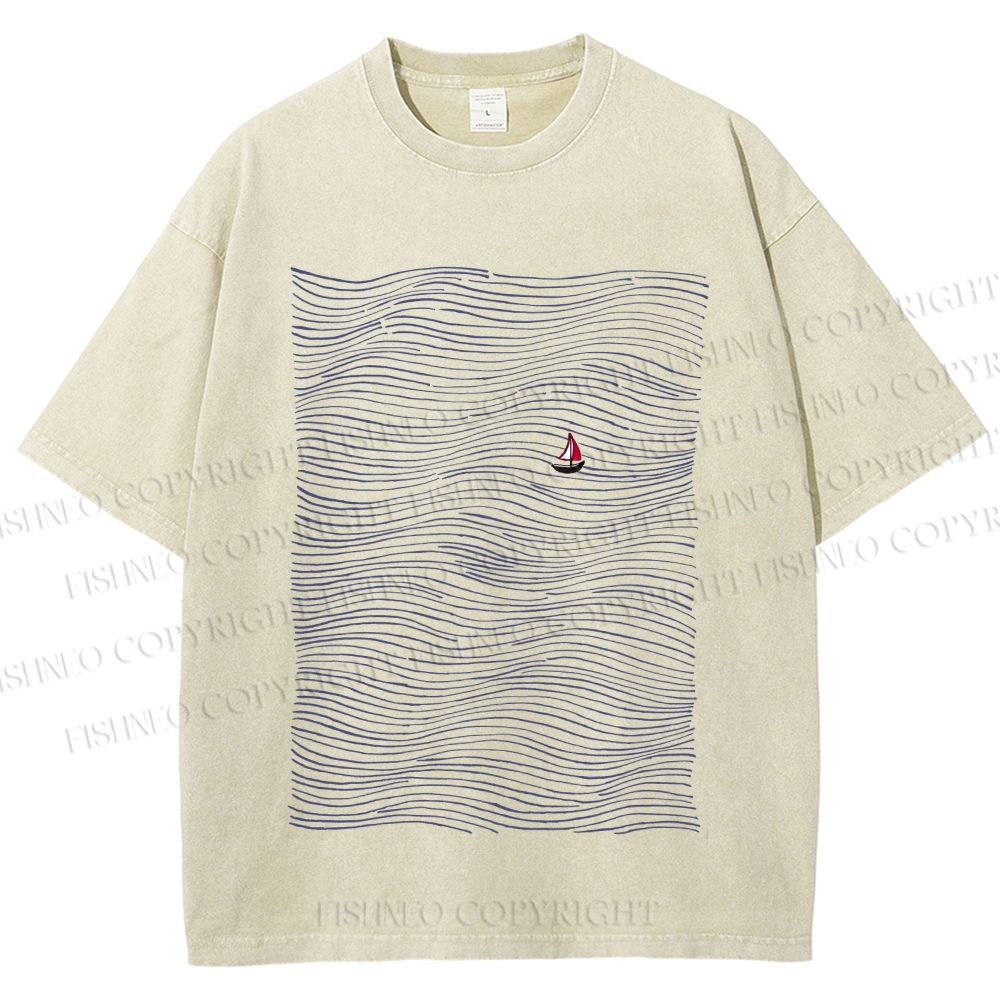 Unisex Small Boat in Wave Printed Washed Tee