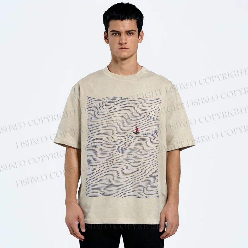 Unisex Small Boat in Wave Printed Washed Tee