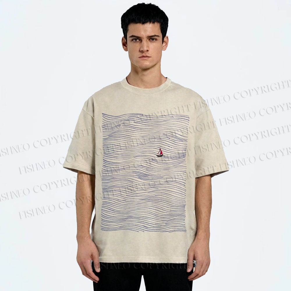 Unisex Small Boat in Wave Printed Washed Tee