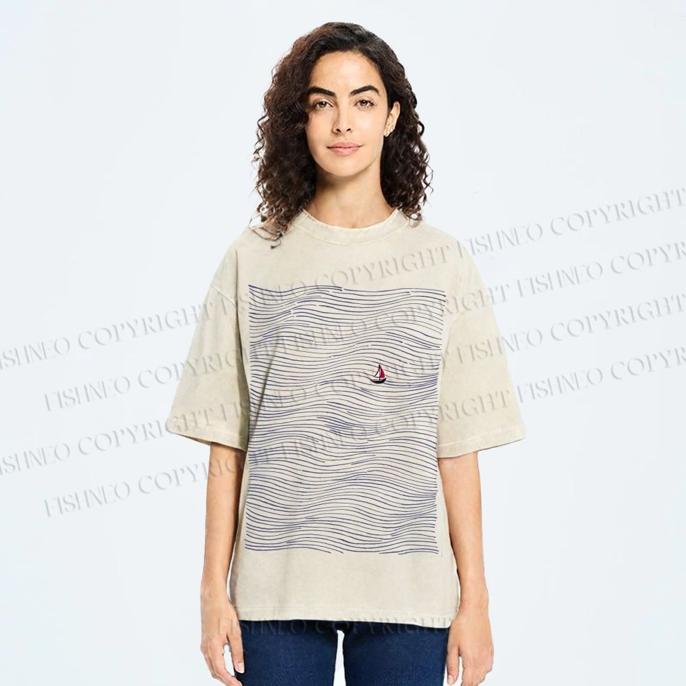 Unisex Small Boat in Wave Printed Washed Tee