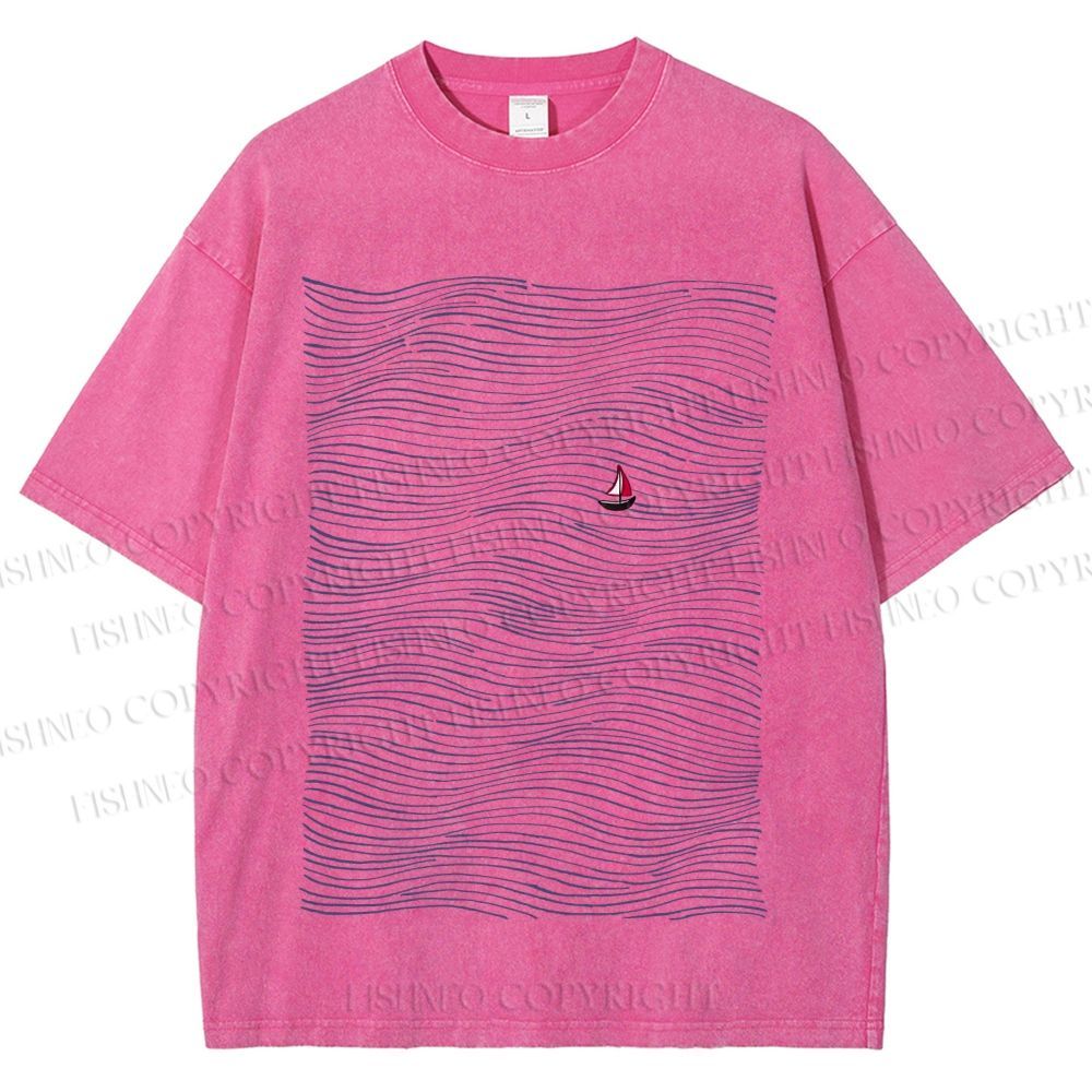 Unisex Small Boat in Wave Printed Washed Tee