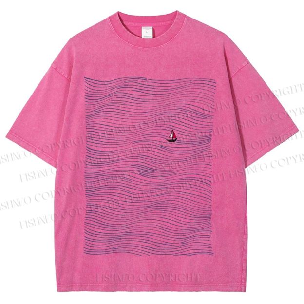Unisex Small Boat in Wave Printed Washed Tee