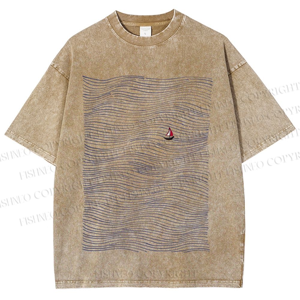Unisex Small Boat in Wave Printed Washed Tee