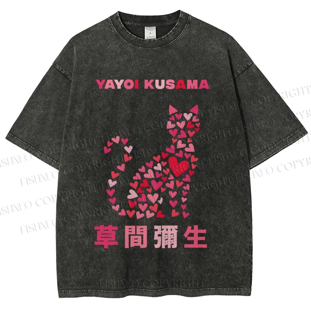 Unisex Yayoi Kusama Pink Cat With Hearts Printed Washed Tee