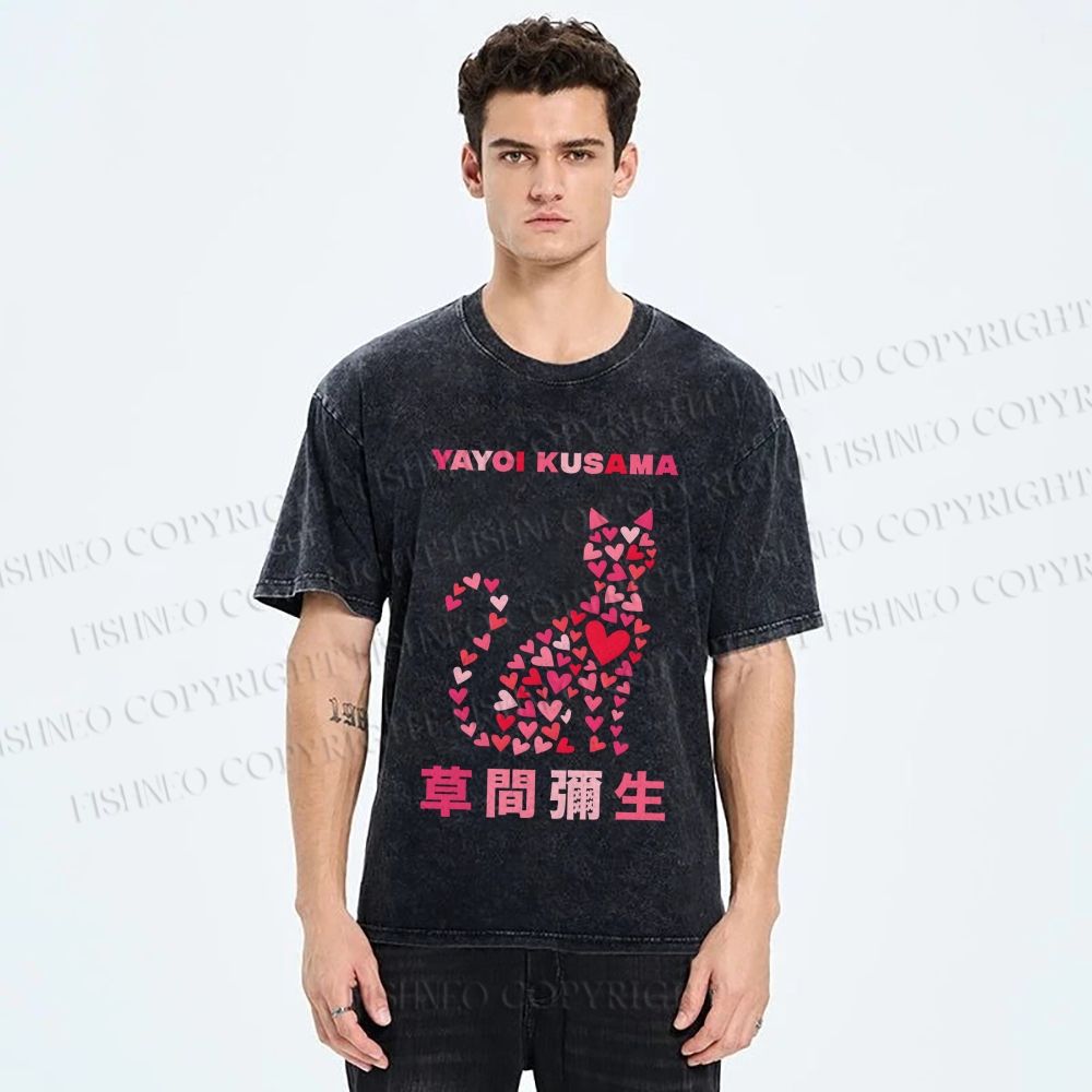 Unisex Yayoi Kusama Pink Cat With Hearts Printed Washed Tee