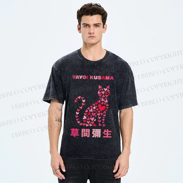 Unisex Yayoi Kusama Pink Cat With Hearts Printed Washed Tee