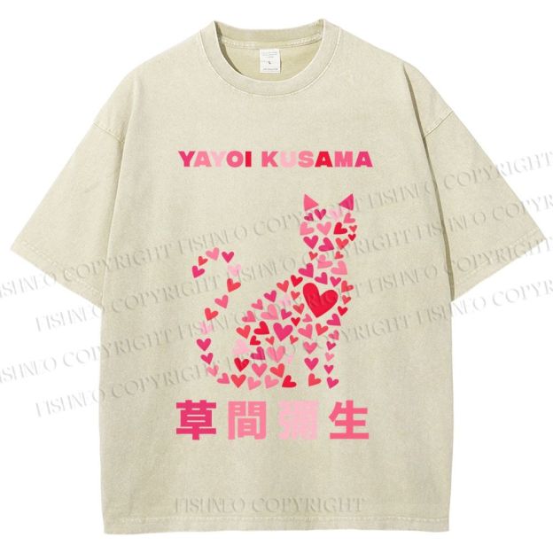 Unisex Yayoi Kusama Pink Cat With Hearts Printed Washed Tee