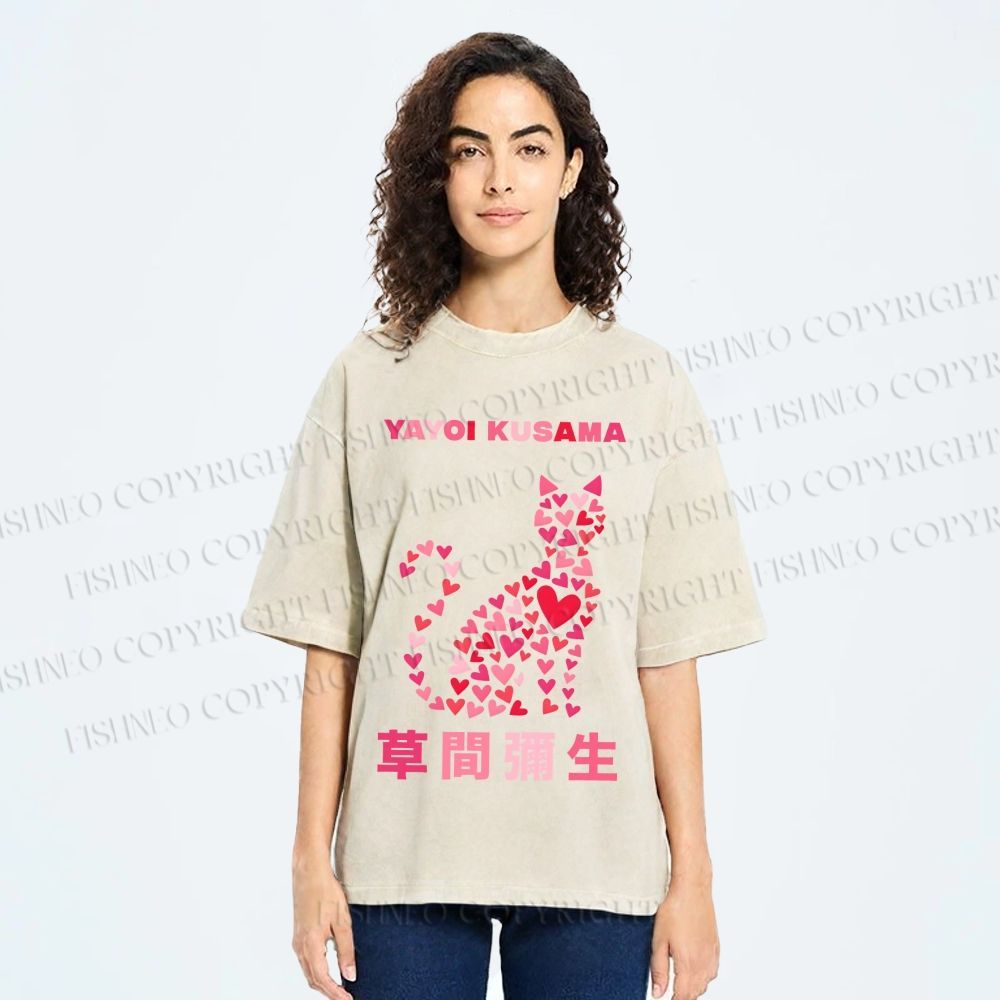 Unisex Yayoi Kusama Pink Cat With Hearts Printed Washed Tee