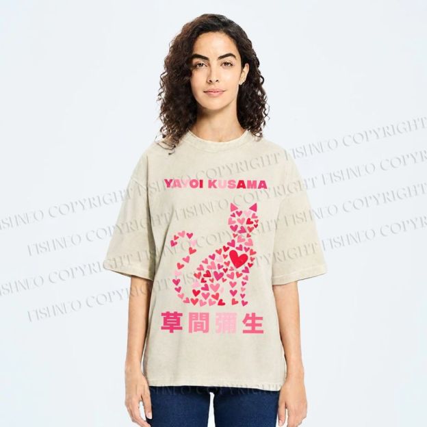 Unisex Yayoi Kusama Pink Cat With Hearts Printed Washed Tee