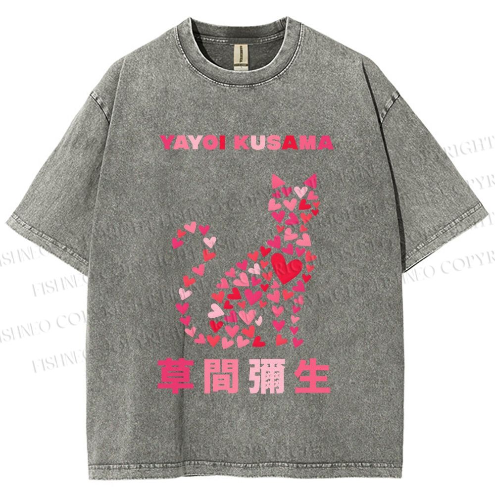 Unisex Yayoi Kusama Pink Cat With Hearts Printed Washed Tee