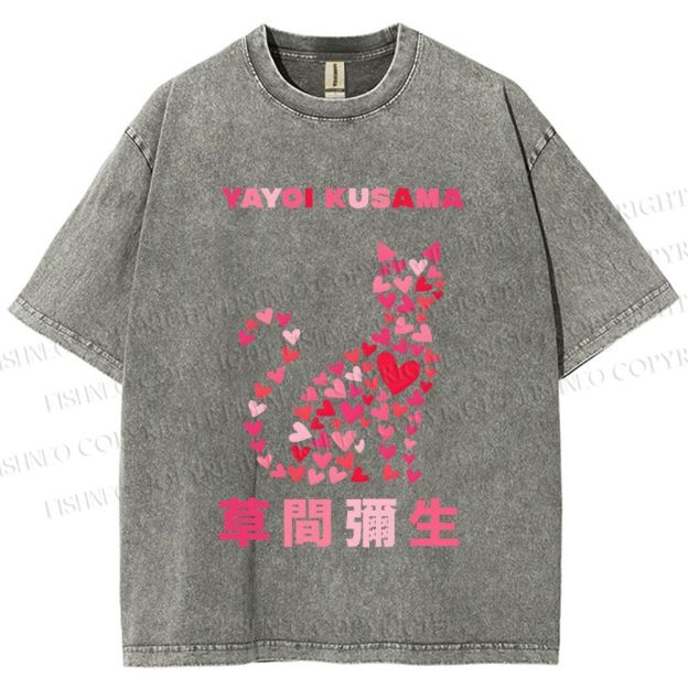 Unisex Yayoi Kusama Pink Cat With Hearts Printed Washed Tee