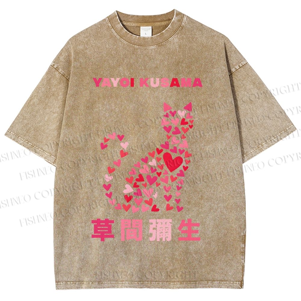 Unisex Yayoi Kusama Pink Cat With Hearts Printed Washed Tee